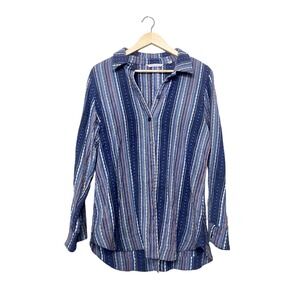 Soft Surroundings Womens Blue Striped Cotton Button Back Tunic Shirt Small